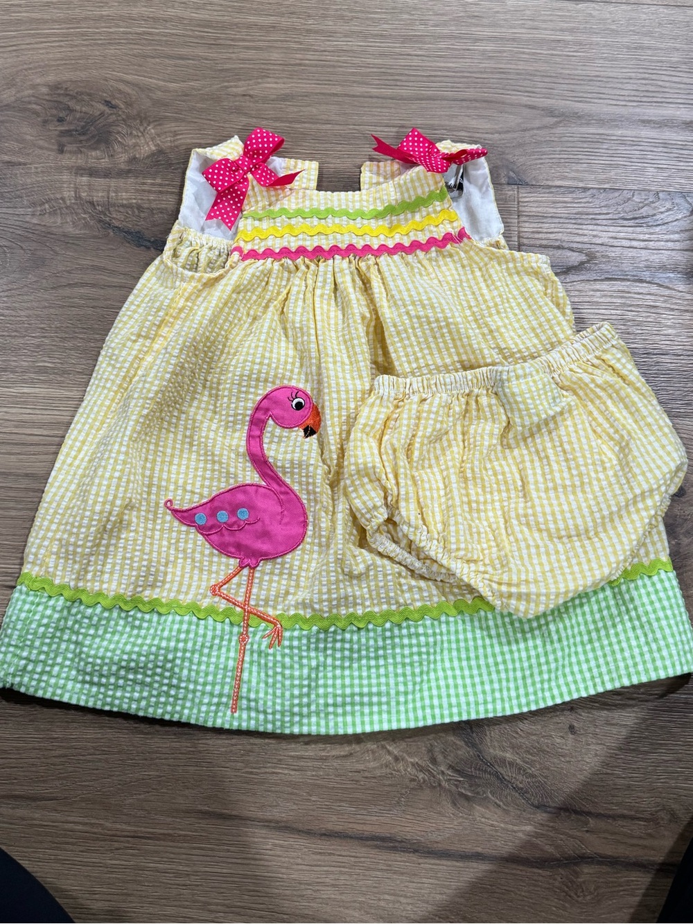 Rare Editions Yellow Gingham Flamingo Dress